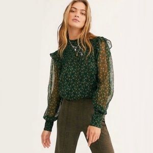 Free People Floral Roma Smocked Hi-Low Blouse Green size small